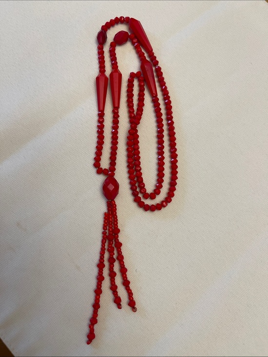 1920s Jewelry - 1920s! Authentic Vintage Antique Flapper Red Satiour Beaded Tassel Necklace